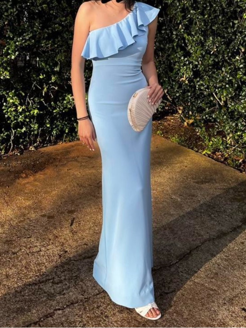 Lulu's Powder Blue One-Shoulder Ruffle Gown